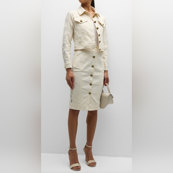 $465 Ramy Brook Women's LENNOX Denim & Lace Midi Skirt In Ivory Size 6 $395 HTF